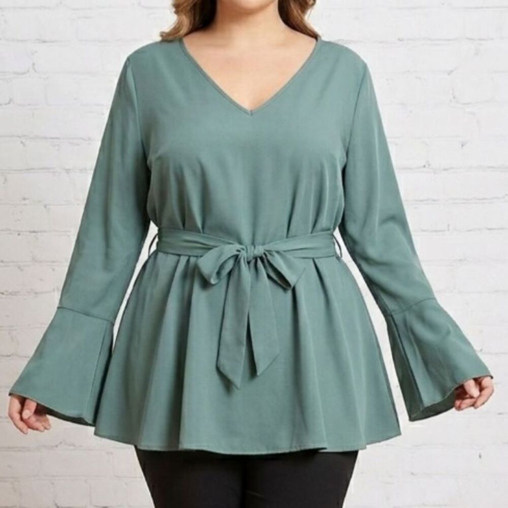 SHEIN Curve Sage Green V-Neck Peplum Tie Waist Blouse Plus Size 0XL